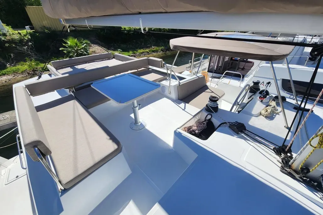 Deck of Jackalope, a Bali 4.4 catamaran at Nassau, Bahamas