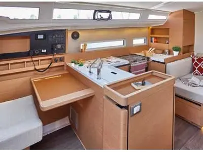 Galley of Lyon, a Jeanneau Sun Odyssey 410 sailboat at Capo d'Orlando, Italy