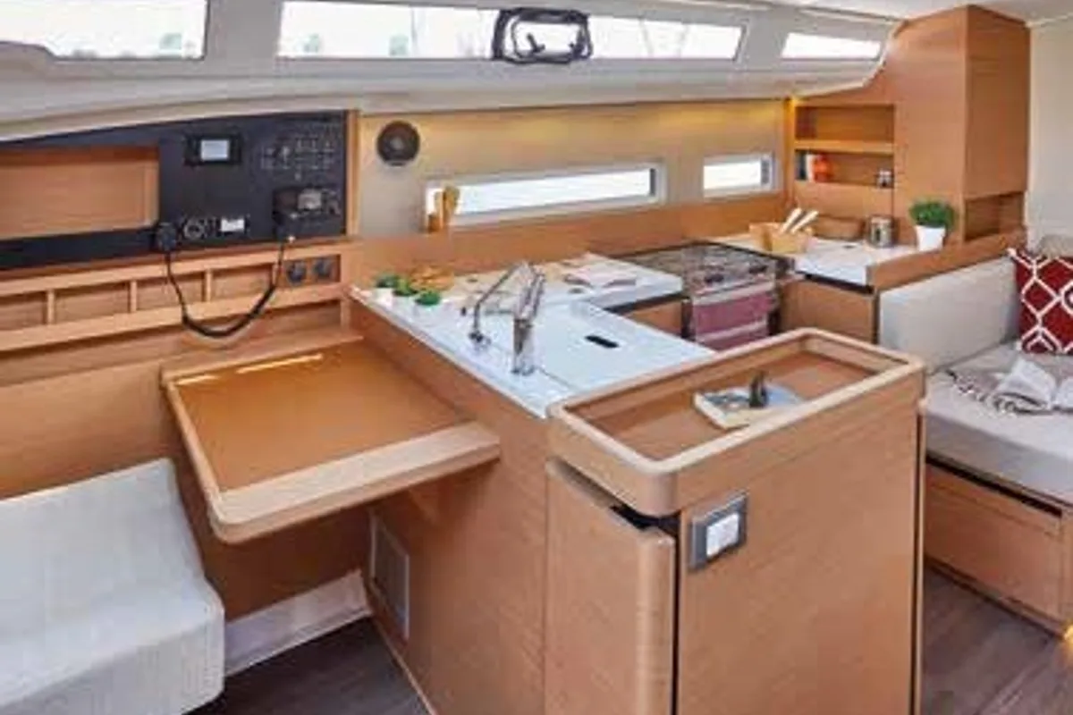 Galley of Lyon, a Jeanneau Sun Odyssey 410 sailboat at Capo d'Orlando, Italy