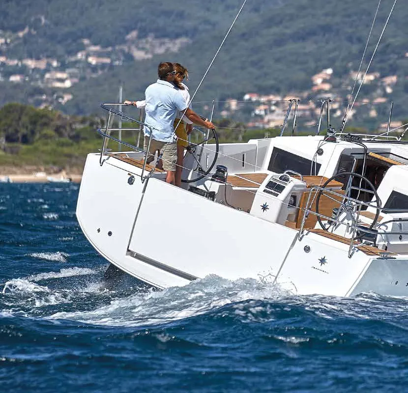Exterior view of Lyon, a Jeanneau Sun Odyssey 410 sailboat at Capo d'Orlando, Italy