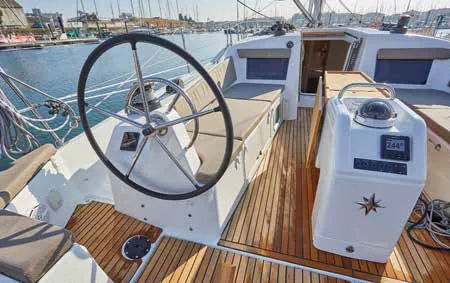 Cockpit of Lyon, a Jeanneau Sun Odyssey 410 sailboat at Capo d'Orlando, Italy