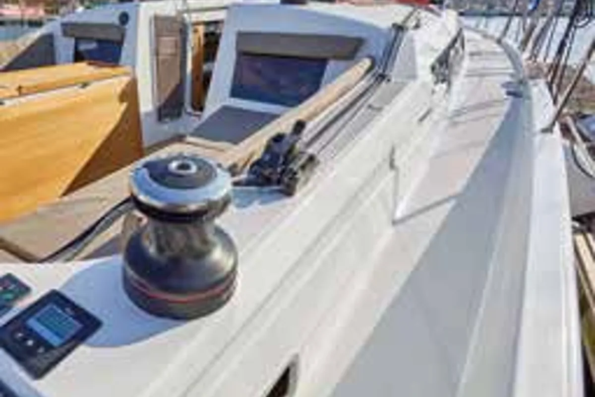 Deck of Lyon, a Jeanneau Sun Odyssey 410 sailboat at Capo d'Orlando, Italy