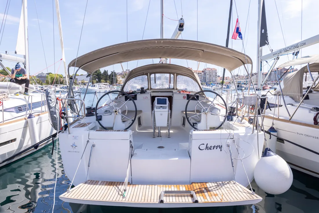 Exterior view of Cherry, a Jeanneau Sun Odyssey 449 sailboat at Biograd na Moru, Croatia