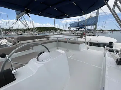 Cockpit of Seven Stars BVI, a Bali 4.8 catamaran at Road Town, British Virgin Islands