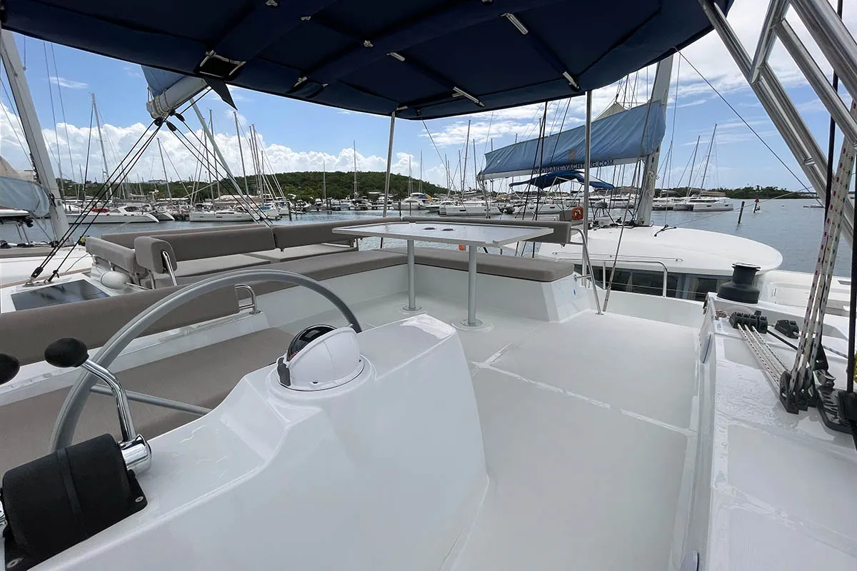 Cockpit of Seven Stars BVI, a Bali 4.8 catamaran at Road Town, British Virgin Islands