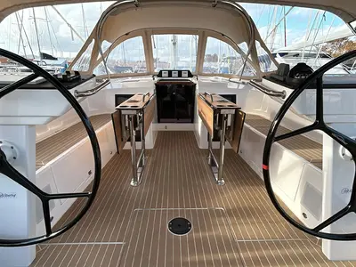 Cockpit of TOPAZ, a Bavaria C46 sailboat at es Jonquet, Spain
