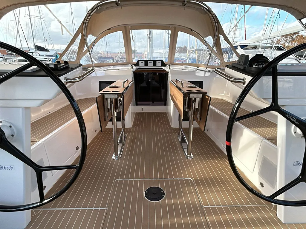 Cockpit of TOPAZ, a Bavaria C46 sailboat at es Jonquet, Spain