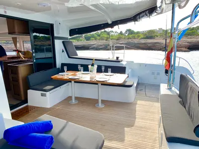 Deck of PASCAL, a Lagoon 42 catamaran at Sant Antoni de Portmany, Spain