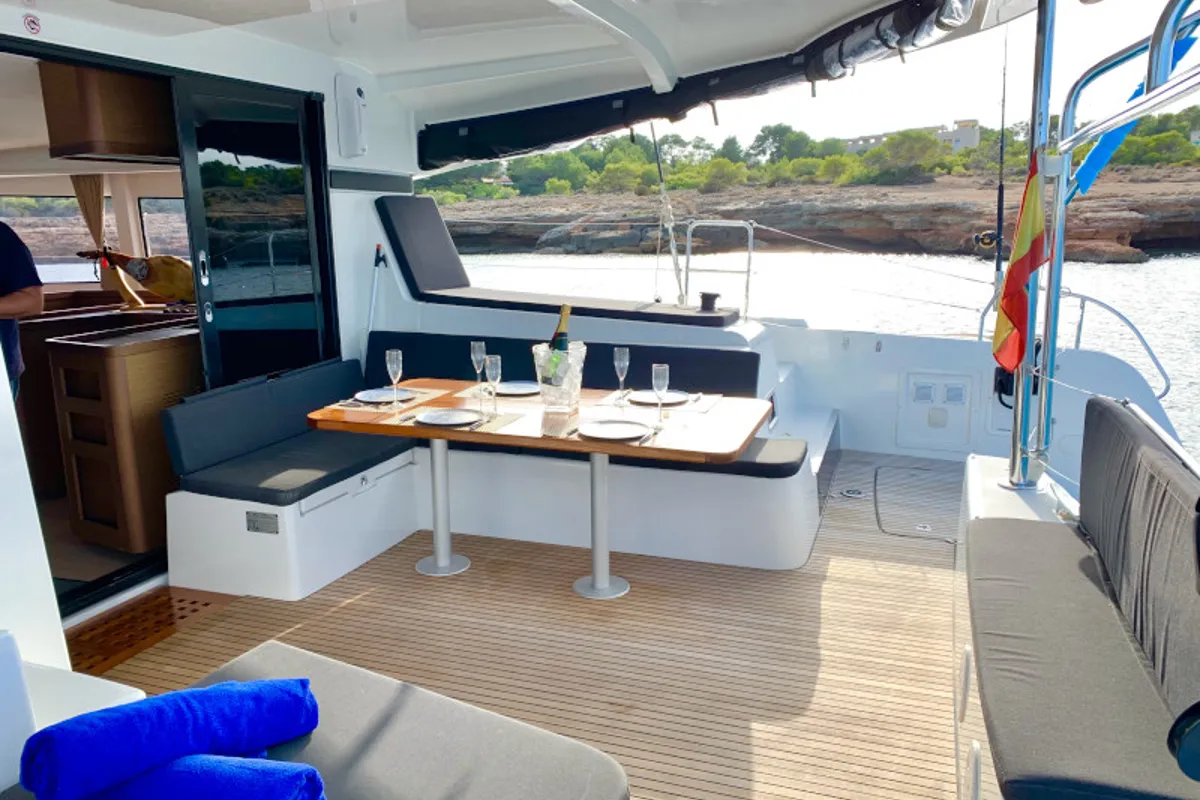 Deck of PASCAL, a Lagoon 42 catamaran at Sant Antoni de Portmany, Spain