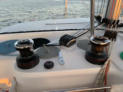 Cockpit of PASCAL, a Lagoon 42 catamaran at Sant Antoni de Portmany, Spain