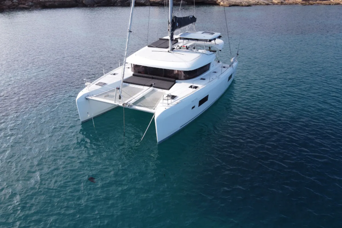 Exterior view of PASCAL, a Lagoon 42 catamaran at Sant Antoni de Portmany, Spain