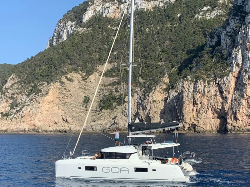 Exterior view of PASCAL, a Lagoon 42 catamaran at Sant Antoni de Portmany, Spain