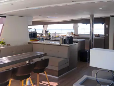 Salon of MIM OCEAN 1, a Bali 5.4 catamaran at Port d'Andratx, Spain