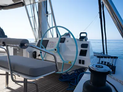 Cockpit of MIM OCEAN 1, a Bali 5.4 catamaran at Port d'Andratx, Spain