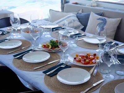 Deck of MIM OCEAN 1, a Bali 5.4 catamaran at Port d'Andratx, Spain