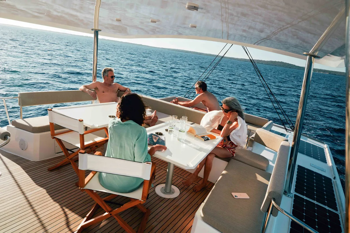 Deck of MIM OCEAN 1, a Bali 5.4 catamaran at Port d'Andratx, Spain