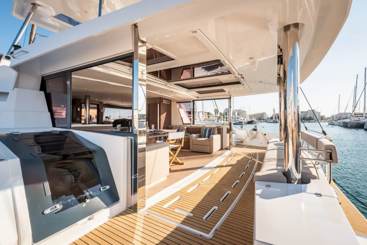 Deck of MIM OCEAN 1, a Bali 5.4 catamaran at Port d'Andratx, Spain