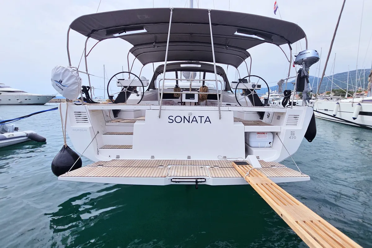 Exterior view of Sonata, a Dufour 470 sailboat at Rogoznica, Croatia