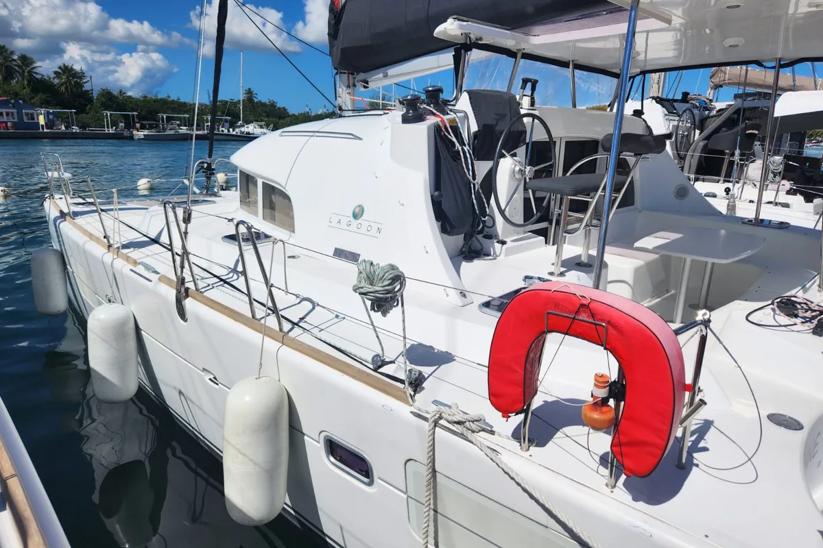 Exterior view of Arcane, a Lagoon 380 catamaran at Pointe-à-Pitre, France
