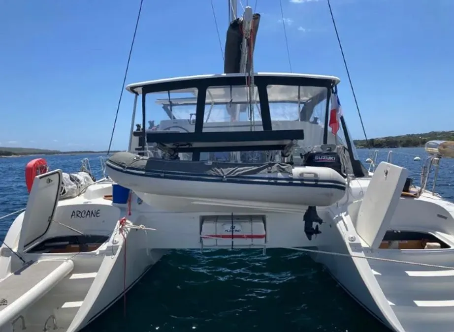Exterior view of Arcane, a Lagoon 380 catamaran at Pointe-à-Pitre, France