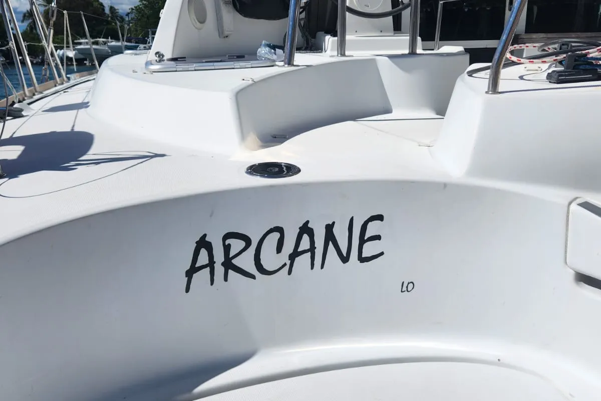 Exterior view of Arcane, a Lagoon 380 catamaran at Pointe-à-Pitre, France