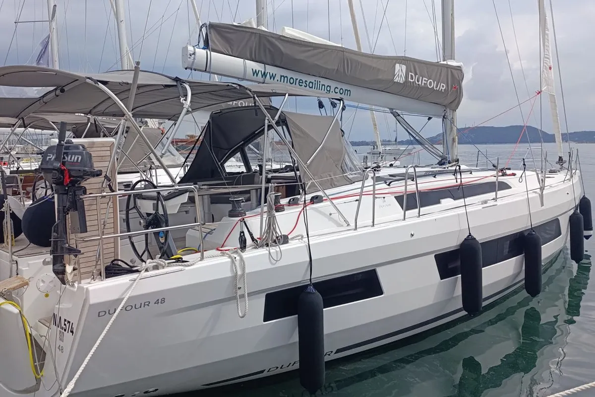 Exterior view of Luna, a Dufour 48 sailboat at Mytikas, Greece