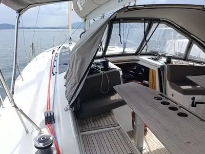 Deck of Luna, a Dufour 48 sailboat at Mytikas, Greece