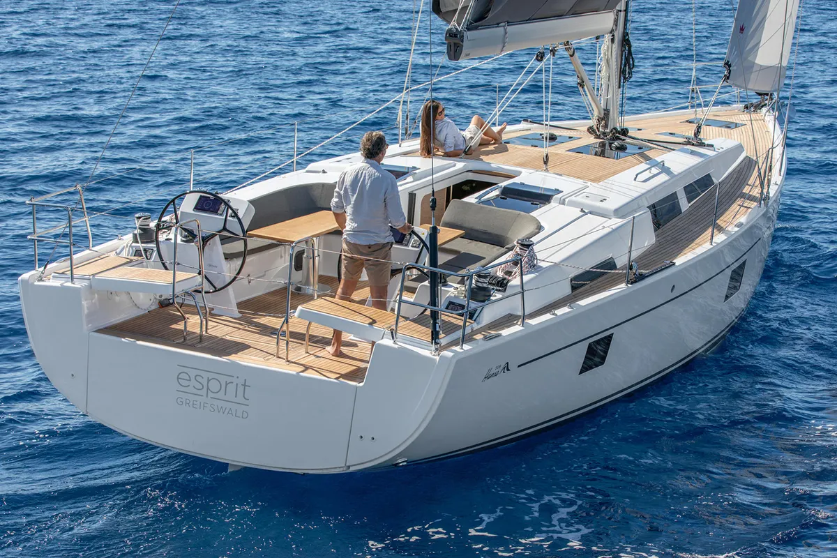 Exterior view of Big Blue, a Hanse 508 sailboat at Athens, Greece