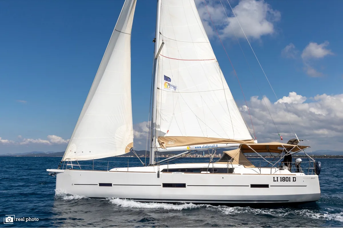 Exterior view of Asia - Solar Panel, a Dufour 460 Grand Large sailboat at Puntone di Scarlino, Italy