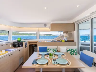 Salon of Mh 78, a Lagoon 43 catamaran at Olbia, Italy