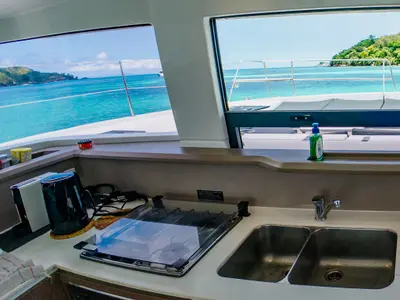 Galley of Premium +, a Bali 4.3 catamaran at Roche Caiman, Seychelles