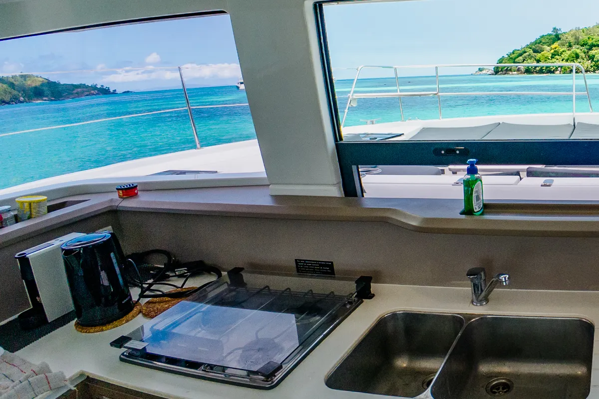 Galley of Premium +, a Bali 4.3 catamaran at Roche Caiman, Seychelles