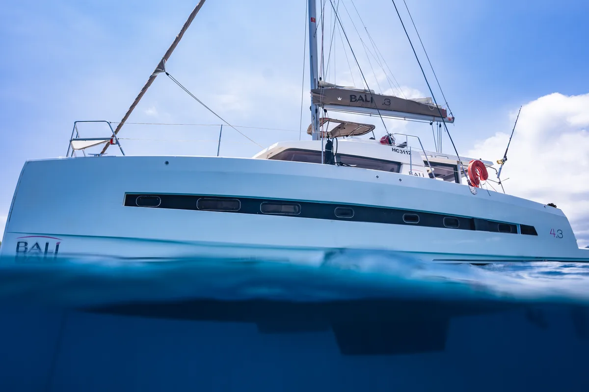 Exterior view of Premium +, a Bali 4.3 catamaran at Roche Caiman, Seychelles
