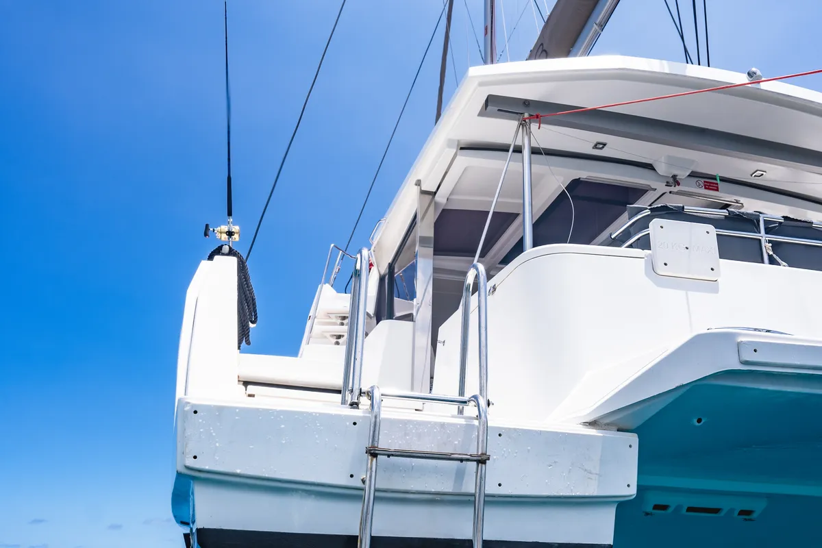 Exterior view of Premium +, a Bali 4.3 catamaran at Roche Caiman, Seychelles
