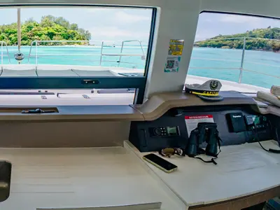 Cockpit of Premium +, a Bali 4.3 catamaran at Roche Caiman, Seychelles