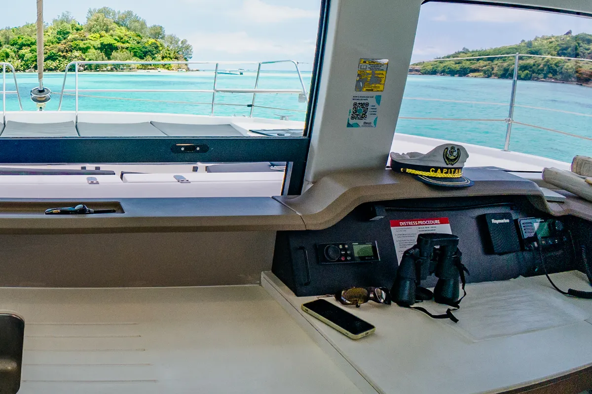 Cockpit of Premium +, a Bali 4.3 catamaran at Roche Caiman, Seychelles