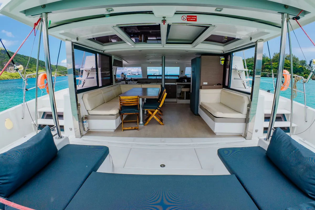 Deck of Premium +, a Bali 4.3 catamaran at Roche Caiman, Seychelles