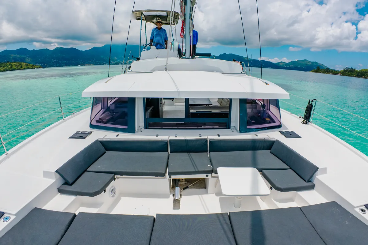 Deck of Premium +, a Bali 4.3 catamaran at Roche Caiman, Seychelles