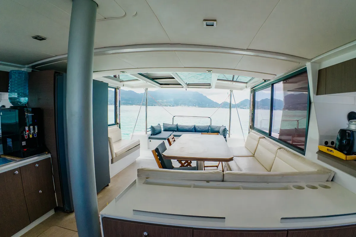 Salon of Premium +, a Bali 4.3 catamaran at Roche Caiman, Seychelles