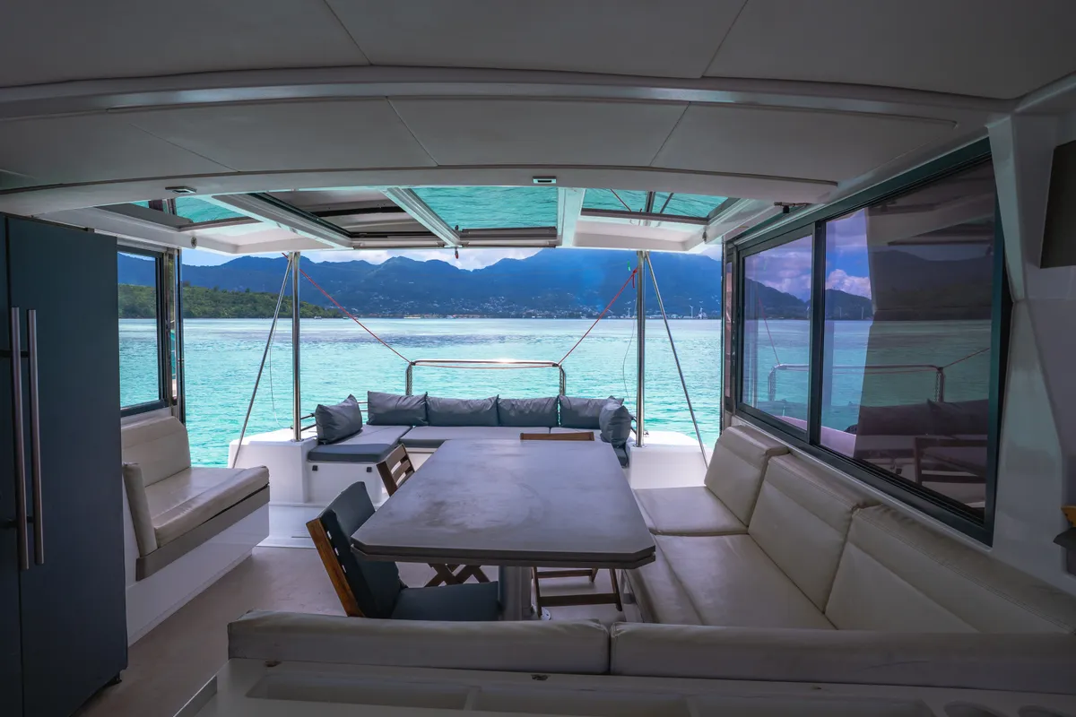 Salon of Premium +, a Bali 4.3 catamaran at Roche Caiman, Seychelles