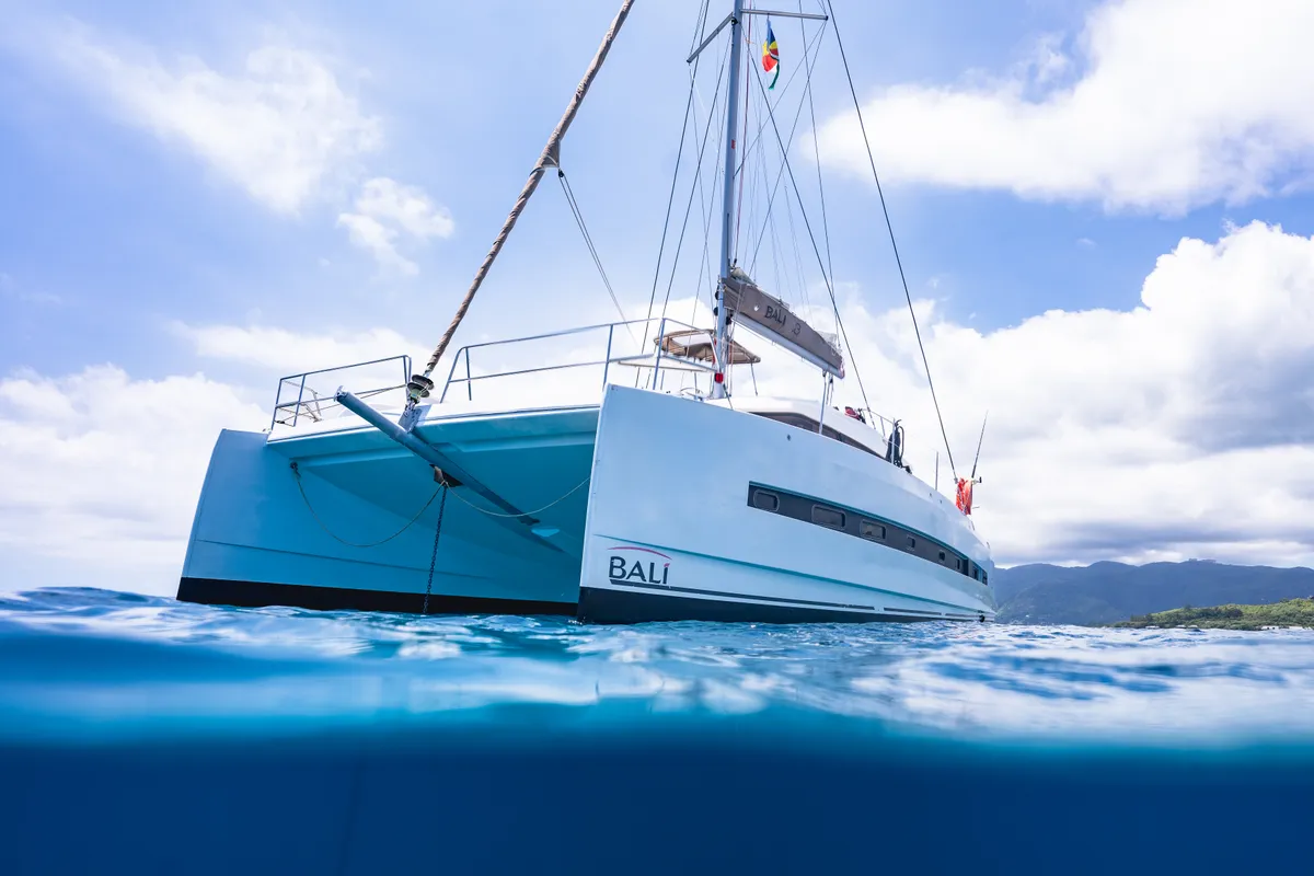 Exterior view of Premium +, a Bali 4.3 catamaran at Roche Caiman, Seychelles