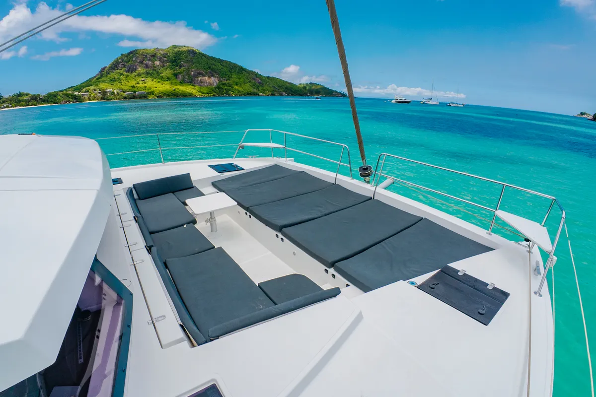 Deck of Premium +, a Bali 4.3 catamaran at Roche Caiman, Seychelles