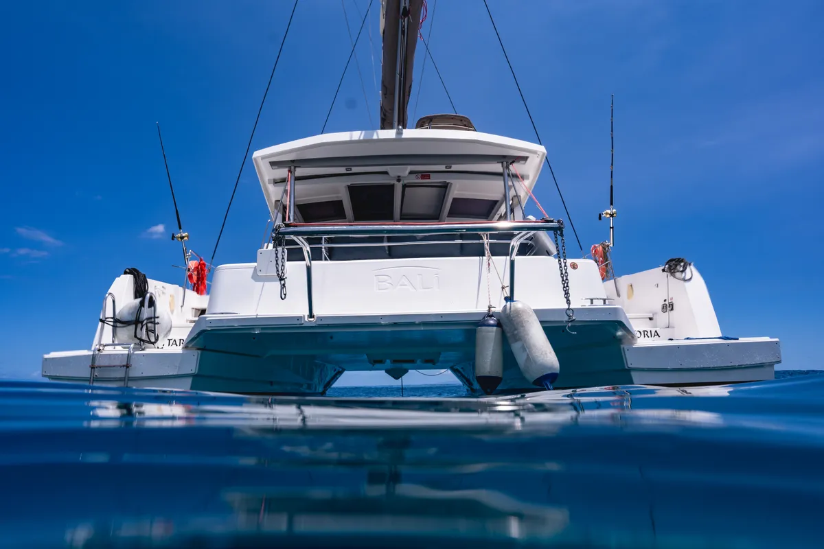 Exterior view of Premium +, a Bali 4.3 catamaran at Roche Caiman, Seychelles