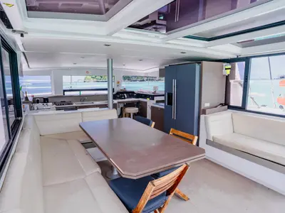 Salon of Premium +, a Bali 4.3 catamaran at Roche Caiman, Seychelles