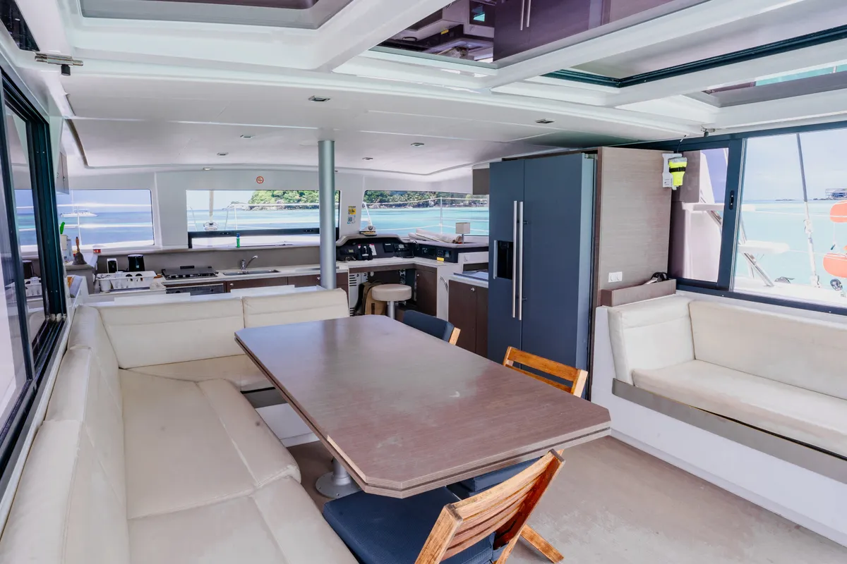 Salon of Premium +, a Bali 4.3 catamaran at Roche Caiman, Seychelles