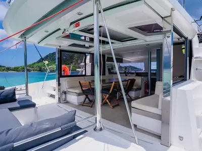 Deck of Premium +, a Bali 4.3 catamaran at Roche Caiman, Seychelles