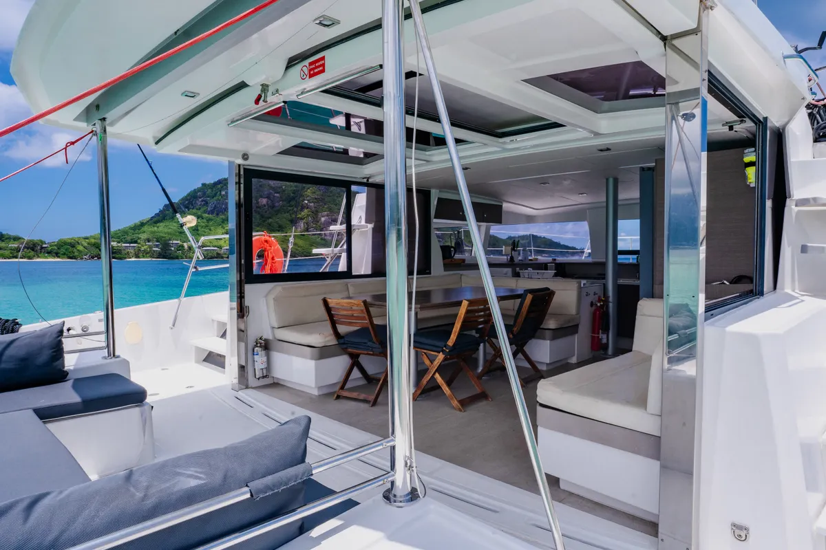 Deck of Premium +, a Bali 4.3 catamaran at Roche Caiman, Seychelles