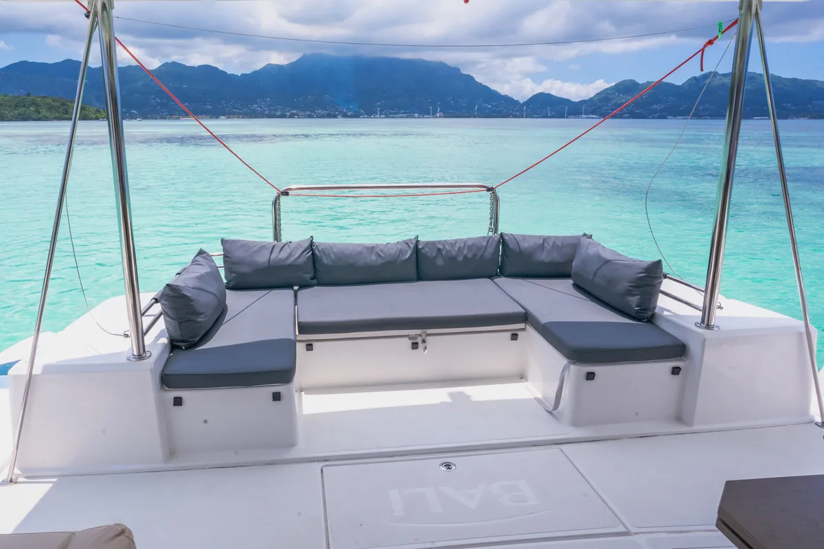 Deck of Premium +, a Bali 4.3 catamaran at Roche Caiman, Seychelles