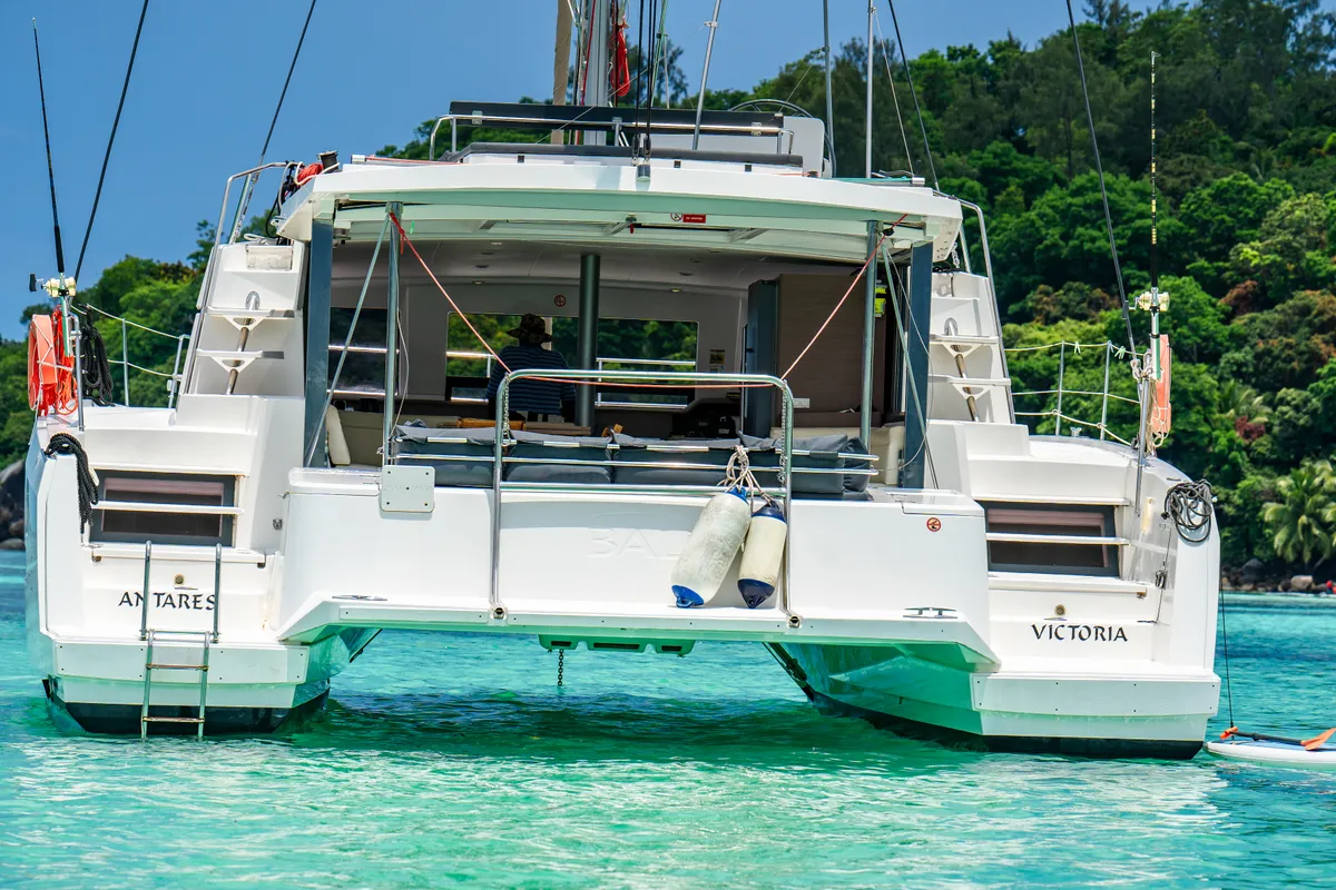 Exterior view of Premium +, a Bali 4.3 catamaran at Roche Caiman, Seychelles