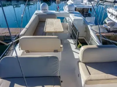 Deck of Alexander, a Bavaria Virtess 420 Fly motor yacht at Punat, Croatia